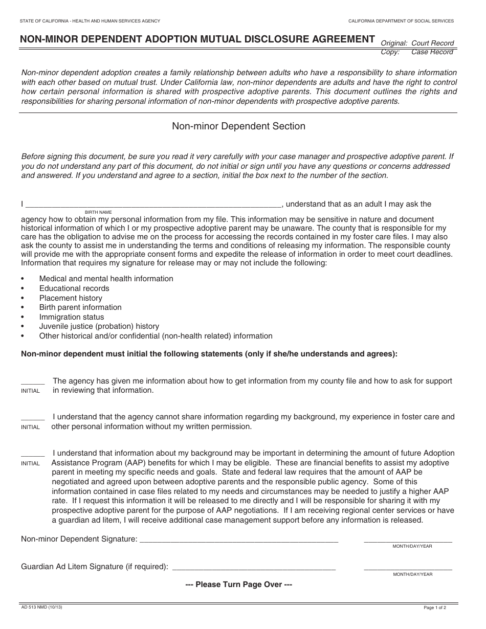 Form AD513 NMD Non-minor Dependent Adoption Mutual Disclosure Agreement - California, Page 1