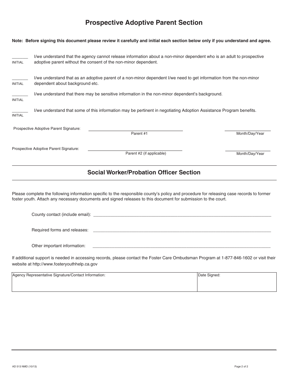 Form AD513 NMD Non-minor Dependent Adoption Mutual Disclosure Agreement - California, Page 2