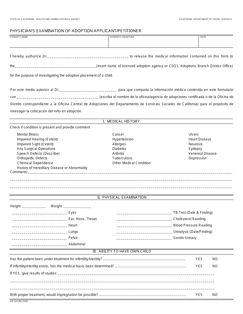 Form AD524 (BI) Physicians Examination of Adoption Applicant / Petitioner - California, Page 1