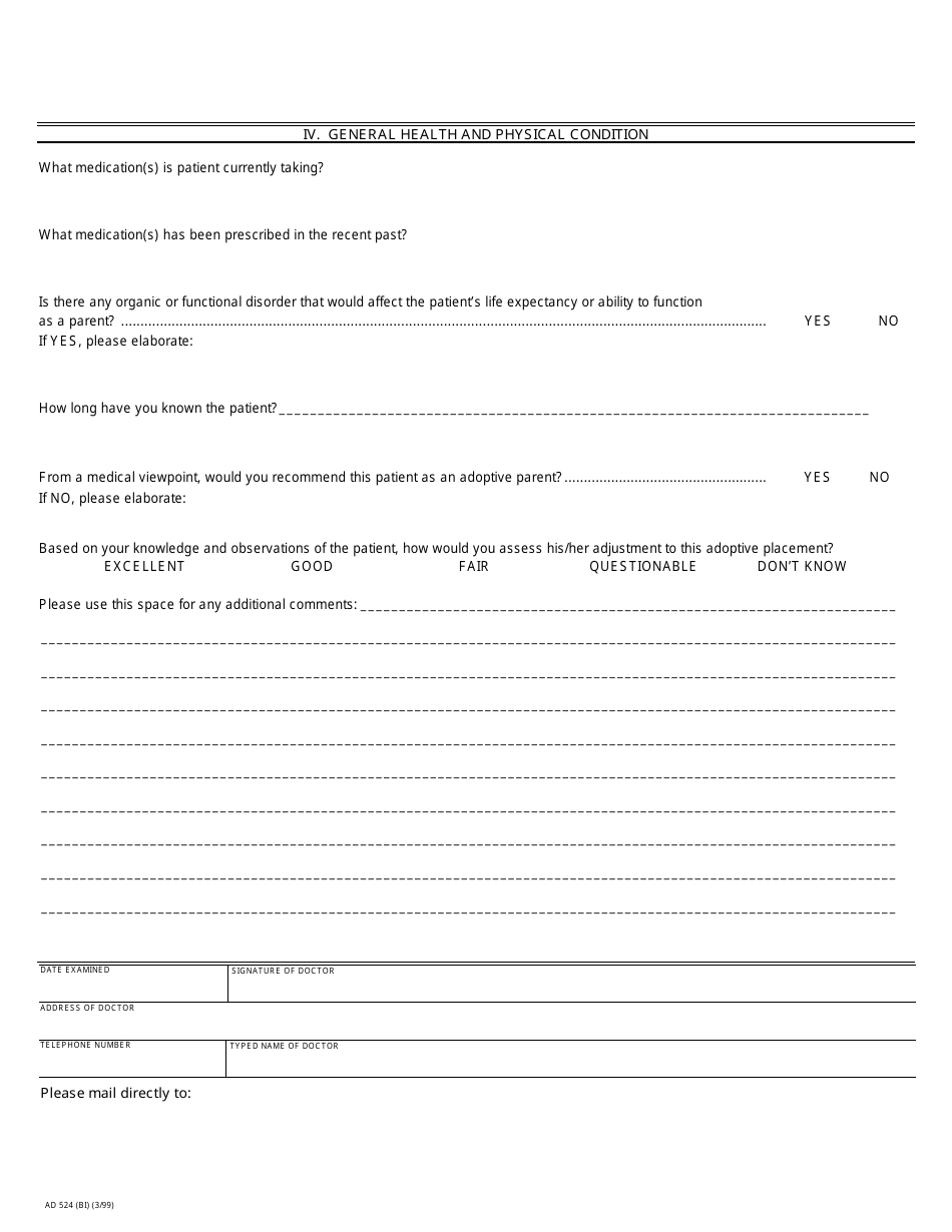 Form AD524 (BI) Physicians Examination of Adoption Applicant / Petitioner - California, Page 2
