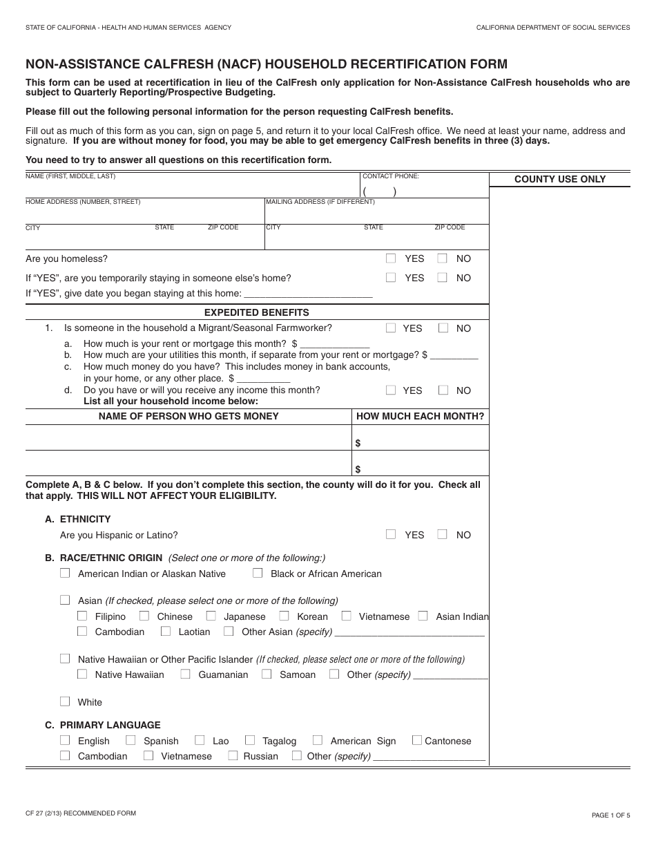 Form CF27 Non-assistance CalFresh (Nacf) Household Recertification Form - California, Page 1