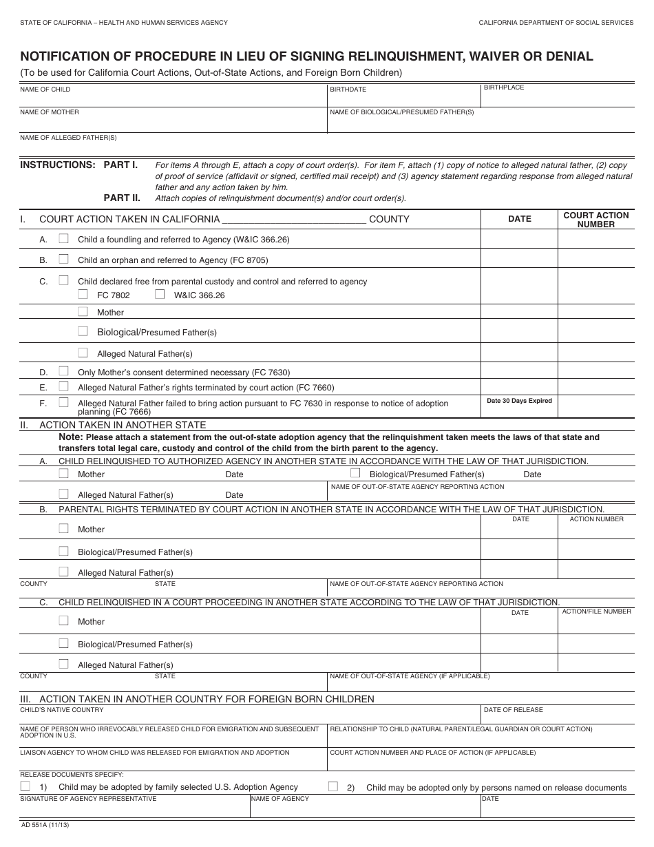 Form AD551A Notification of Procedure in Lieu of Signing Relinquishment, Waiver or Denial - California, Page 1