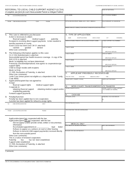 Form CW371 Referral to Local Child Support Agency (Lcsa) - California