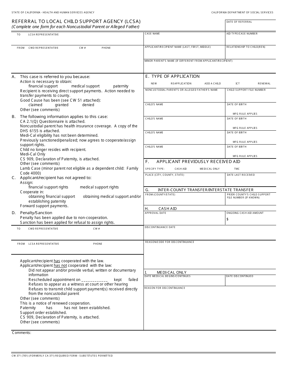 Form CW371 Referral to Local Child Support Agency (Lcsa) - California, Page 1