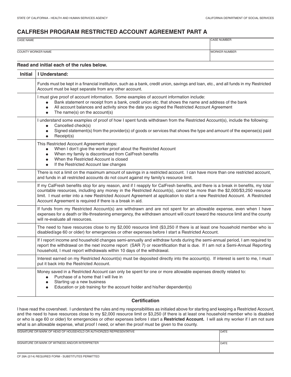Form CF28A CalFresh Program Restricted Account Agreement Part a - California, Page 1