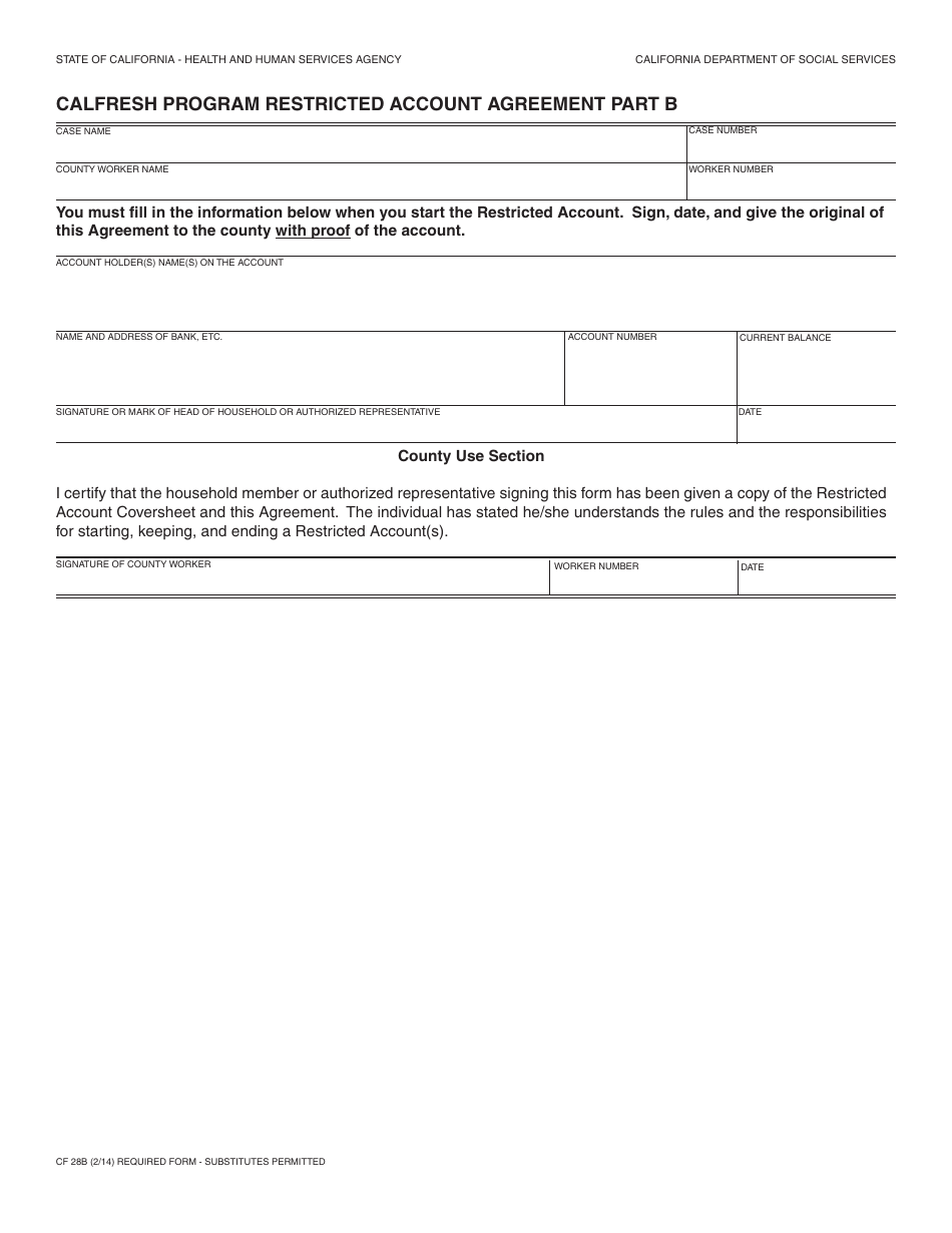 Form CF28B CalFresh Program Restricted Account Agreement Part B - California, Page 1
