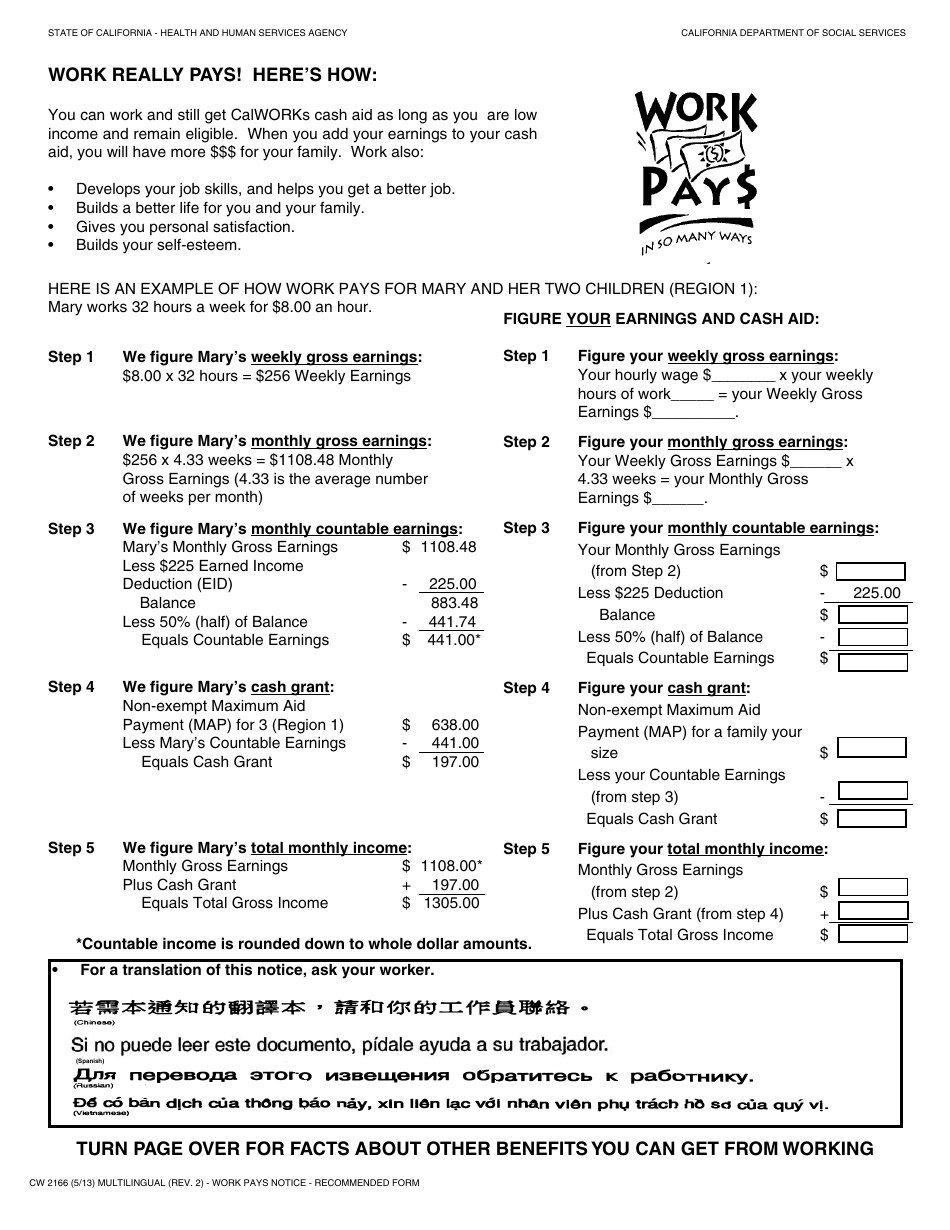 Form CW2166 Work Pays Notice - California, Page 1