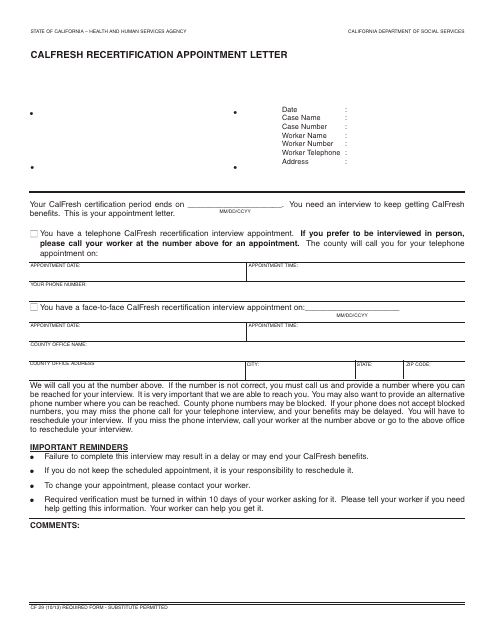 Form CF29 CalFresh Recertification Appointment Letter - California
