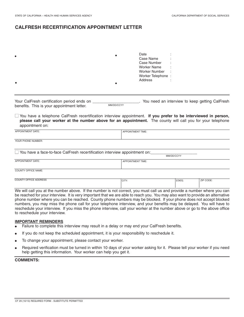 Form CF29 CalFresh Recertification Appointment Letter - California, Page 1