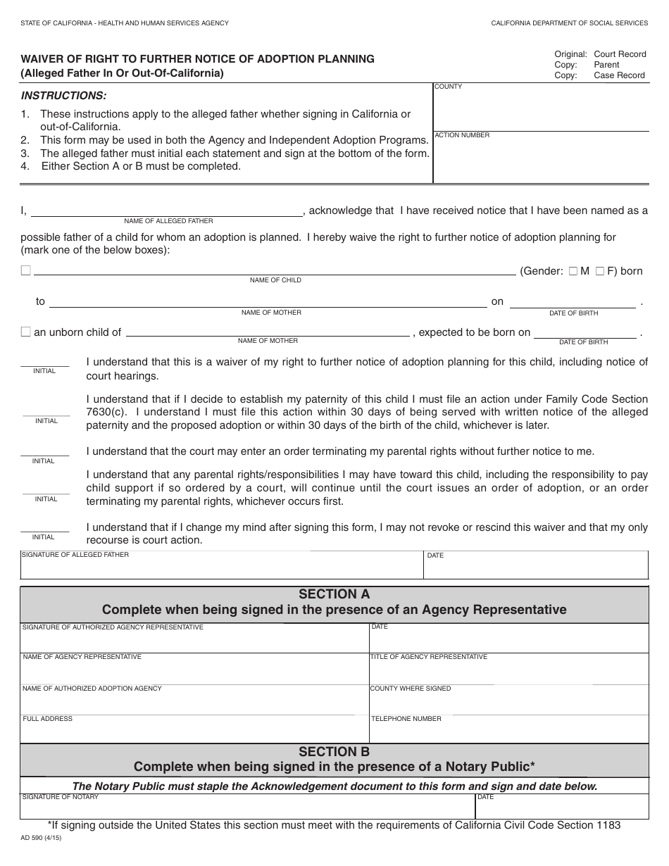 Form AD590 Waiver of Right to Further Notice of Adoption Planning (Alleged Father in or out-Of-California) - California, Page 1