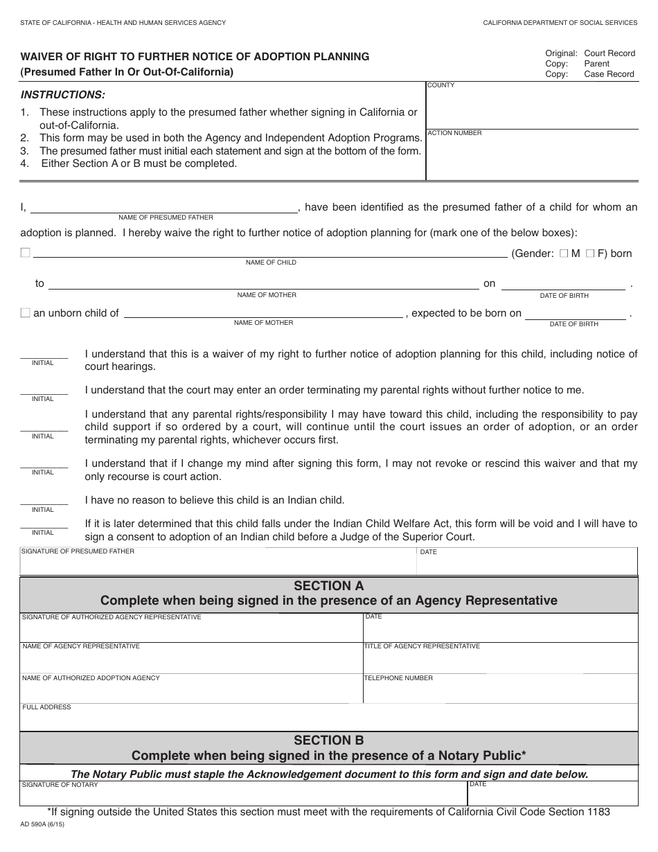 Form AD590A Waiver of Right to Further Notice of Adoption Planning (Presumed Father in or out-Of-California) - California, Page 1