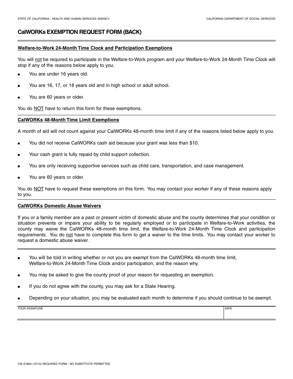 Form CW2186A Calworks Exemption Request Form - California, Page 2