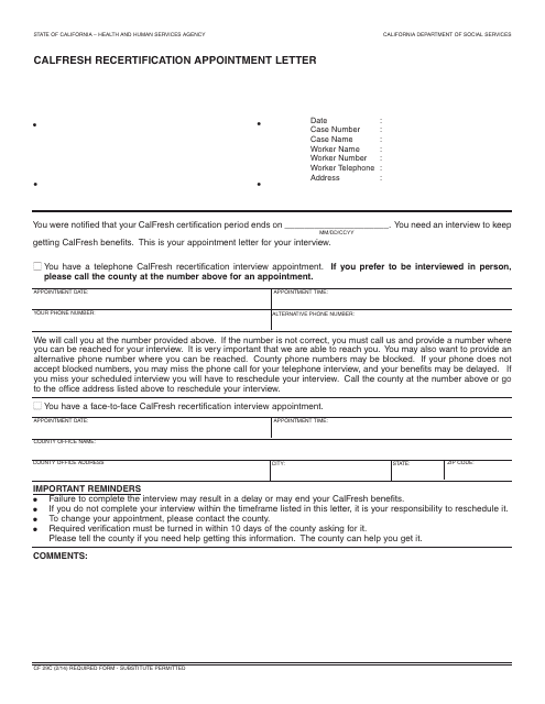 Form CF29C CalFresh Recertification Appointment Letter - California