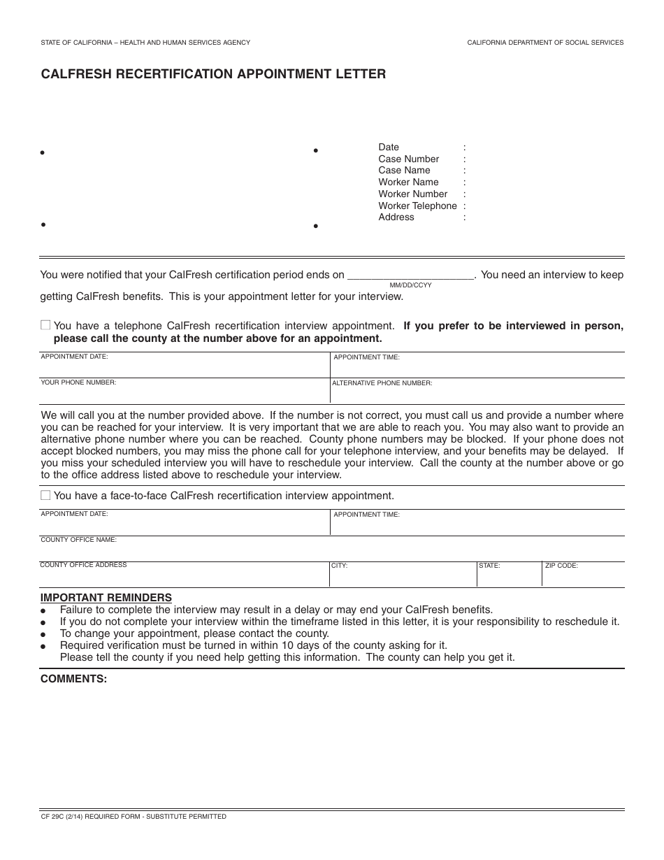 Form CF29C CalFresh Recertification Appointment Letter - California, Page 1
