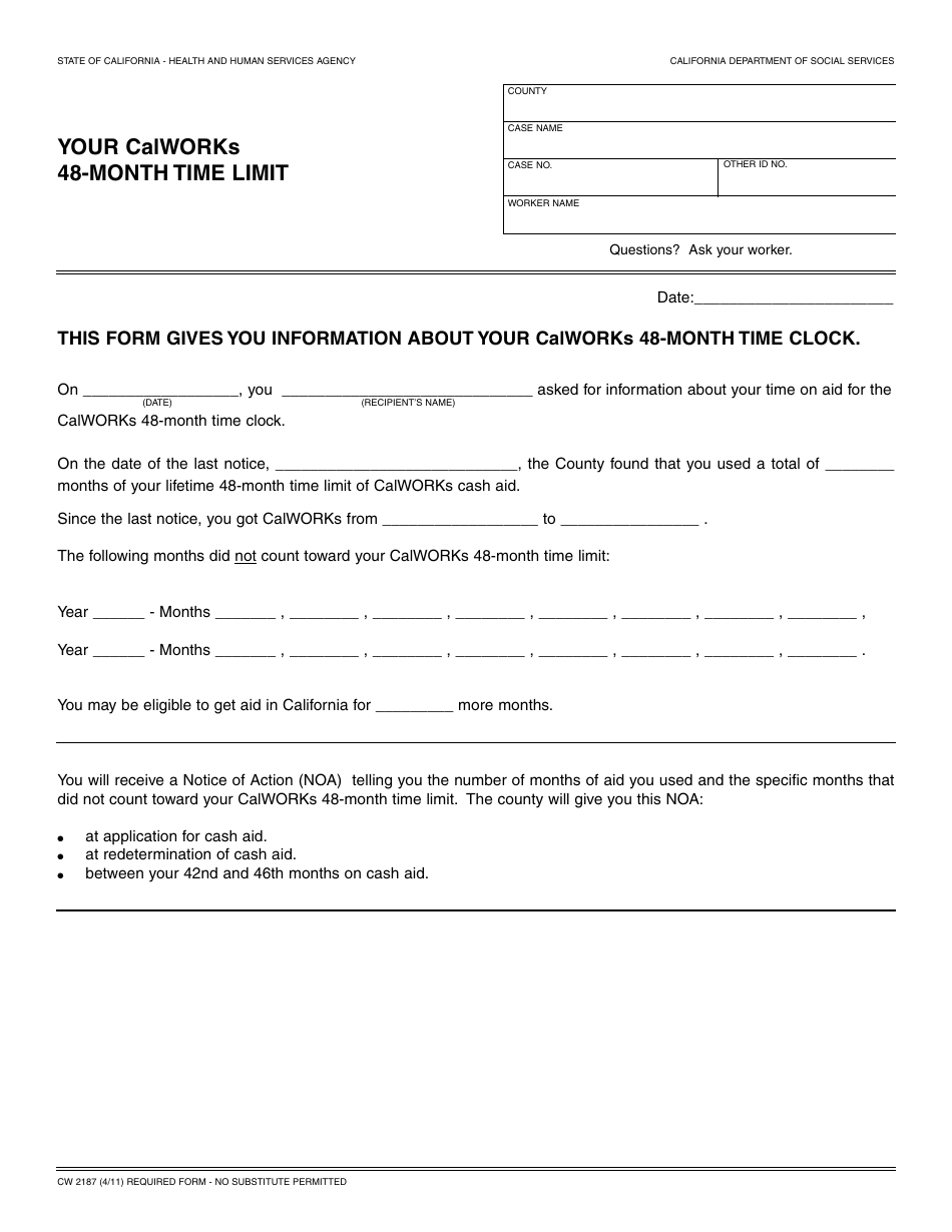 Form CW2187 Your Calworks 48-month Time Limit - California, Page 1
