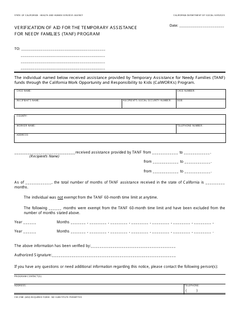 Form CW2188 Verification of Aid for the Temporary Assistance for Needy Families (TANF) Program - California