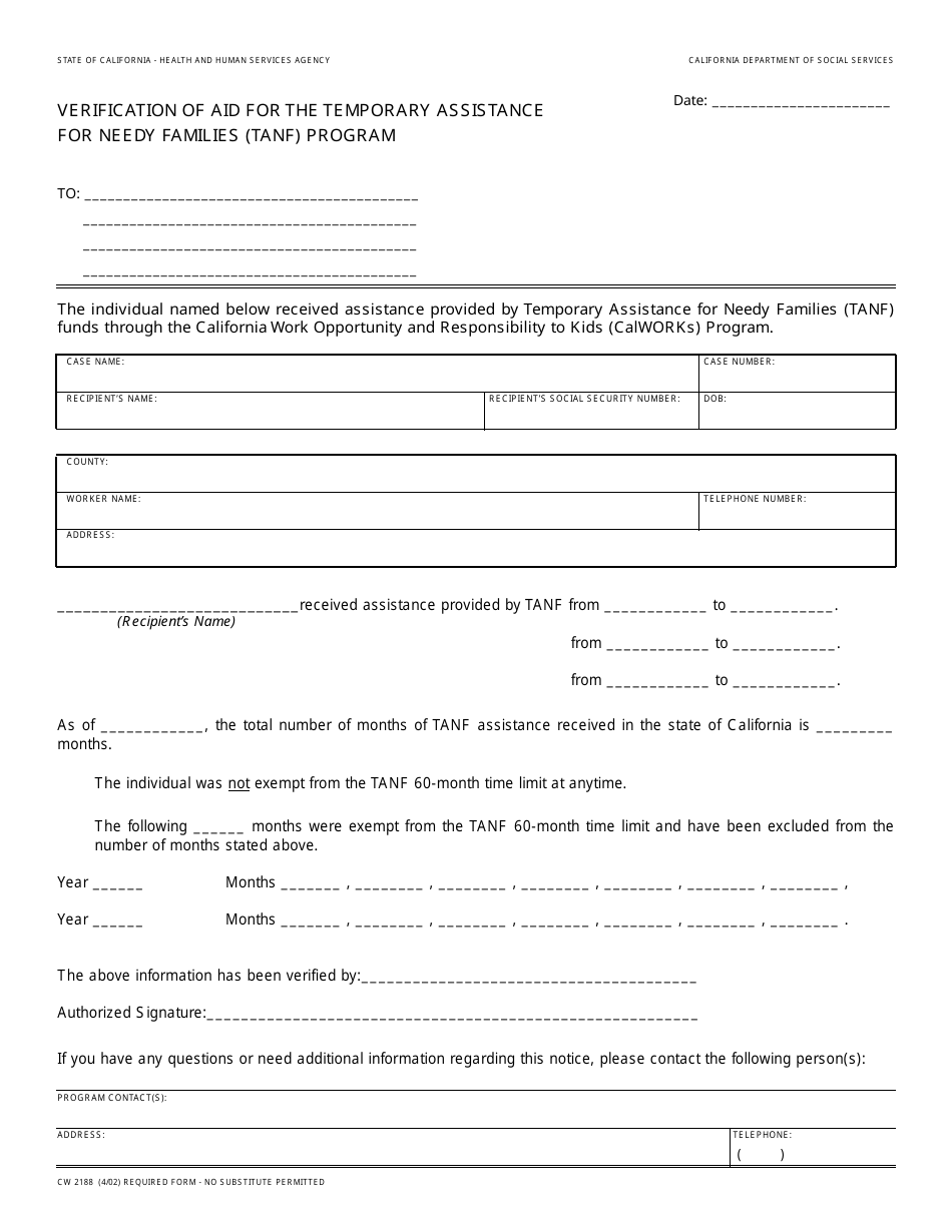 Form CW2188 Verification of Aid for the Temporary Assistance for Needy Families (TANF) Program - California, Page 1