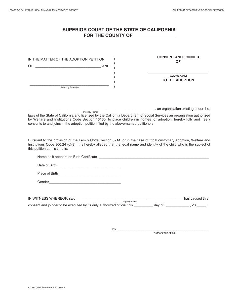 Form AD824 Consent and Joinder to the Adoption - California, Page 1