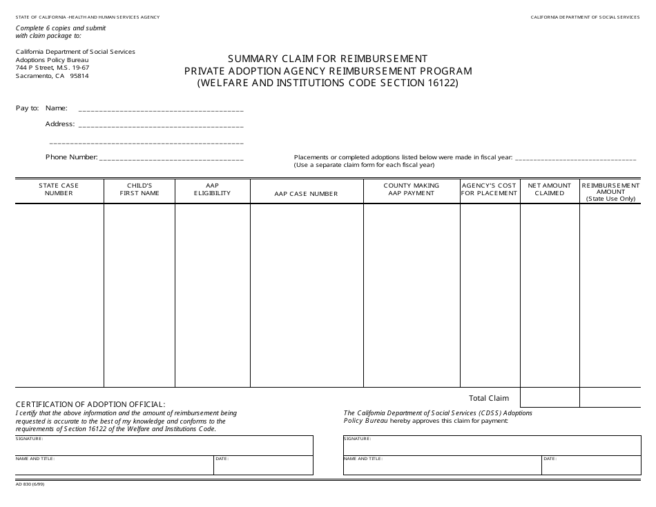 Form AD830 Summary Claim for Reimbursement - Private Agency Reimbursement Program - California, Page 1