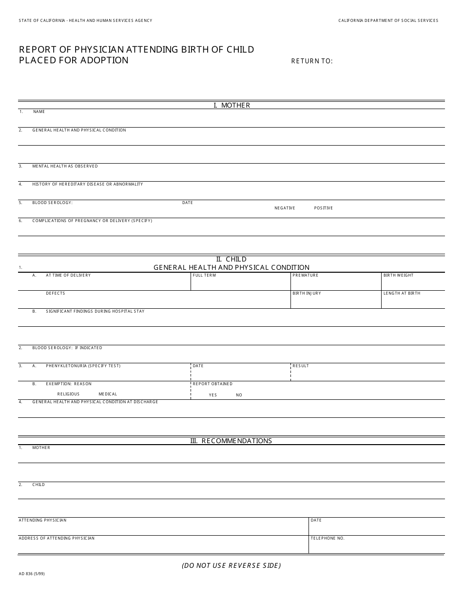 Form AD836 Report of Physician Attending Birth of Child Placed for Adoption - California, Page 1