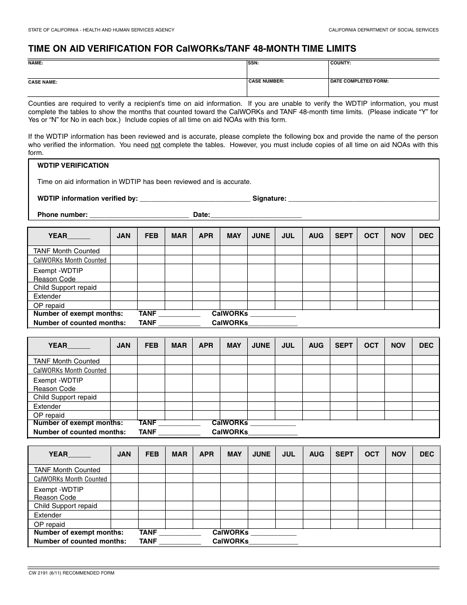 Form CW2191 Time on Aid Verification for Calworks / TANF 48-month Time Limits - California, Page 1