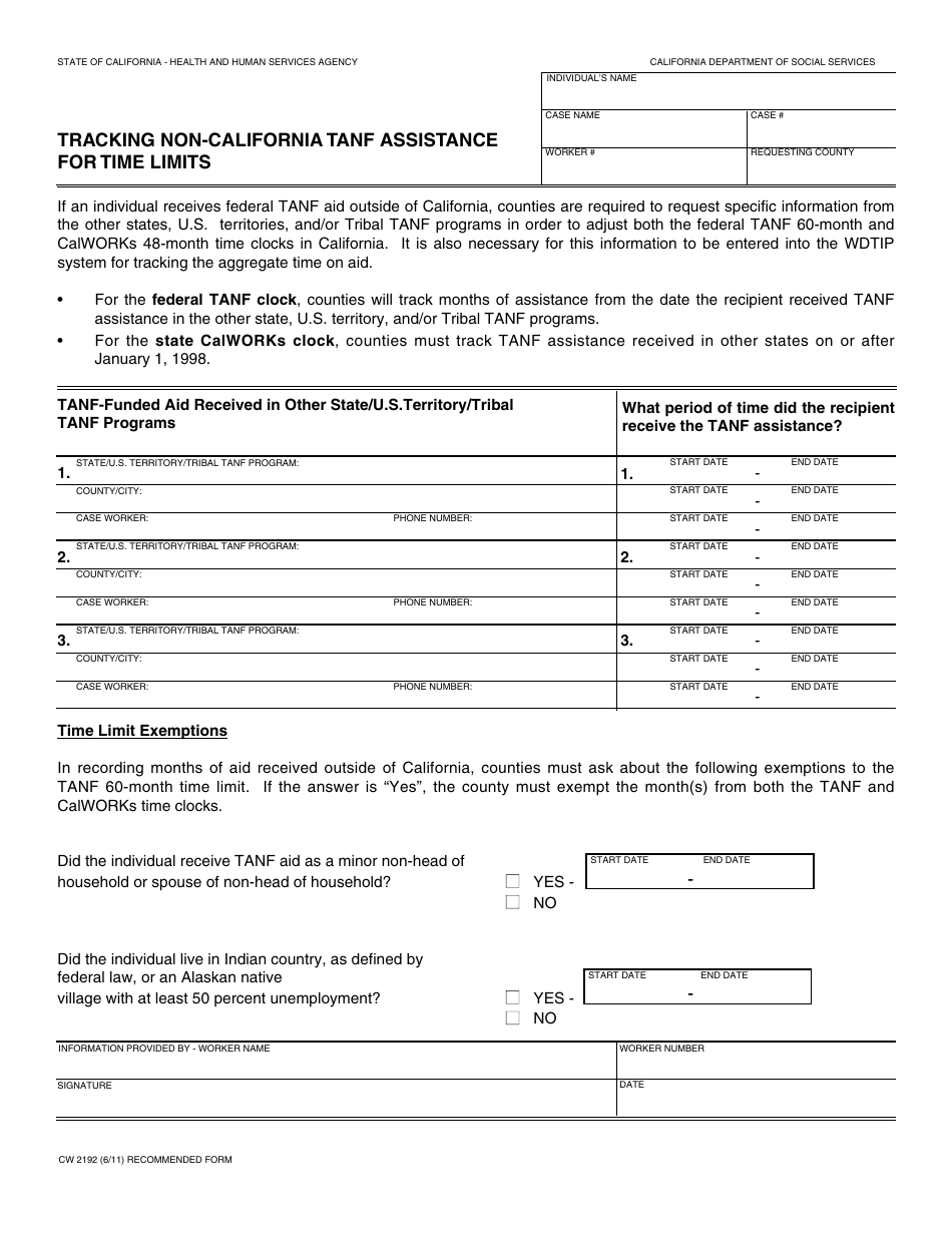 Form CW2192 Tracking Non-california TANF Assistance for Time Limits - California, Page 1