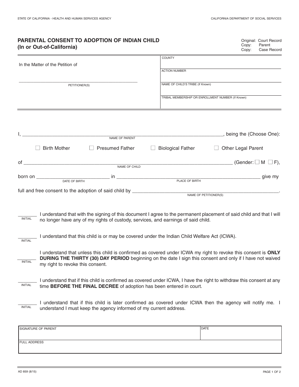 Form AD859 Parental Consent to Adoption of Indian Child (In or out-Of-California) - California, Page 1