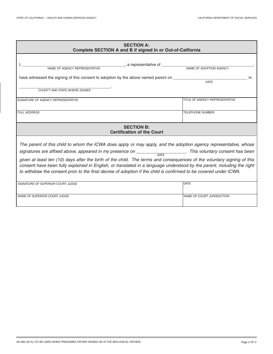 Form AD860 Presumed Fathers Consent to Adoption of Indian Child (In or out-Of-California) - California, Page 2