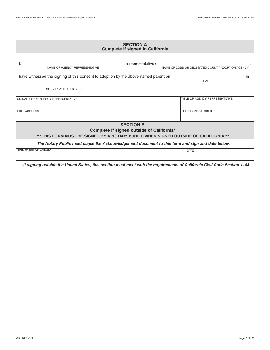 Form AD861 Alleged Fathers Consent to Adoption of Indian Child (In or out-Of-California) - California, Page 2
