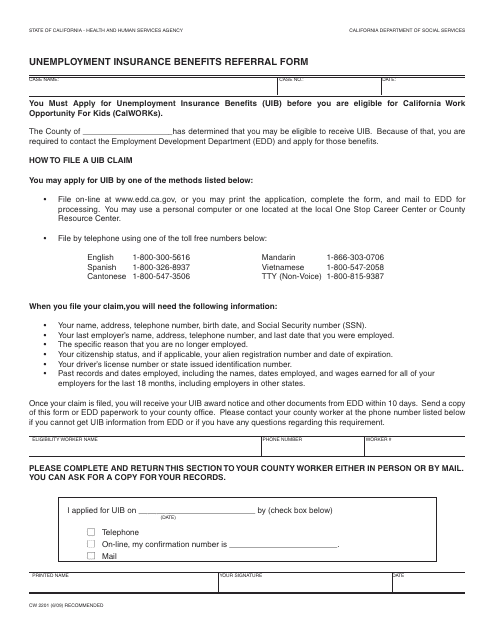 Form CW2201 Unemployment Insurance Benefits Referral Form - California