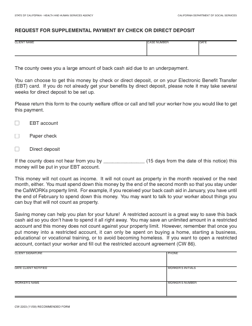 Form CW2203 Request for Supplemental Payment by Check or Direct Deposit - California