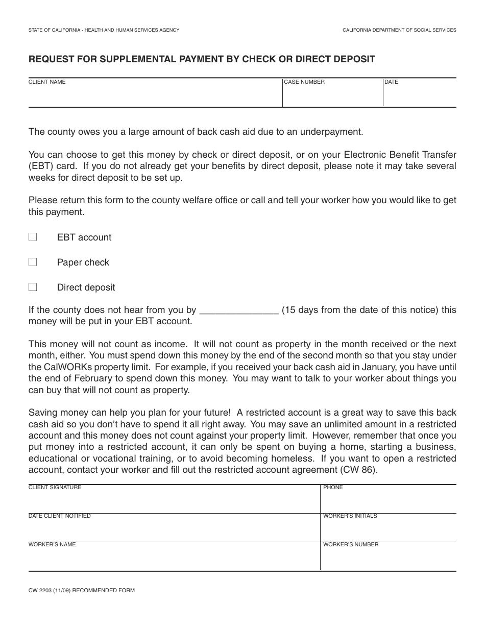 Form CW2203 Request for Supplemental Payment by Check or Direct Deposit - California, Page 1