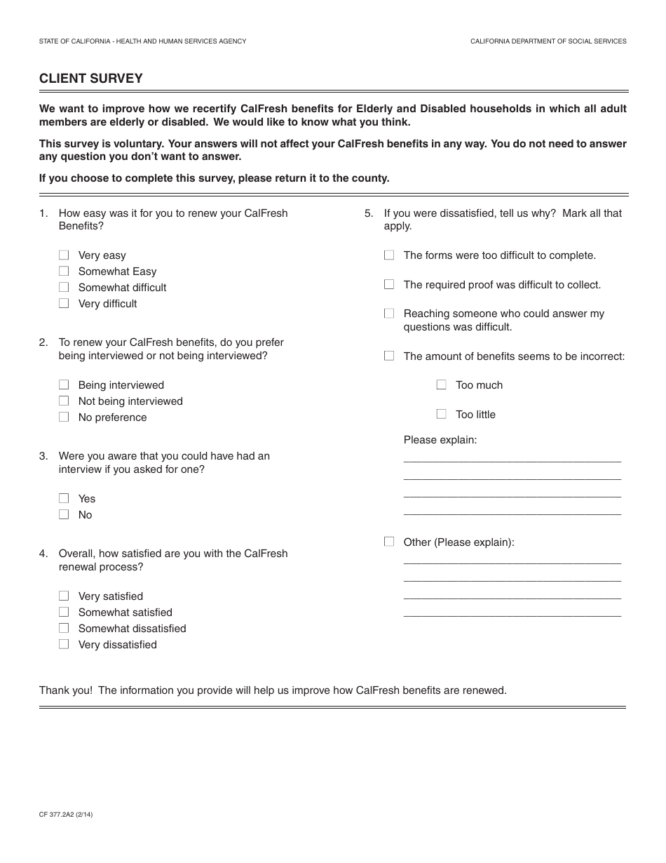 Form CF377.2A2 Client Survey - California, Page 1