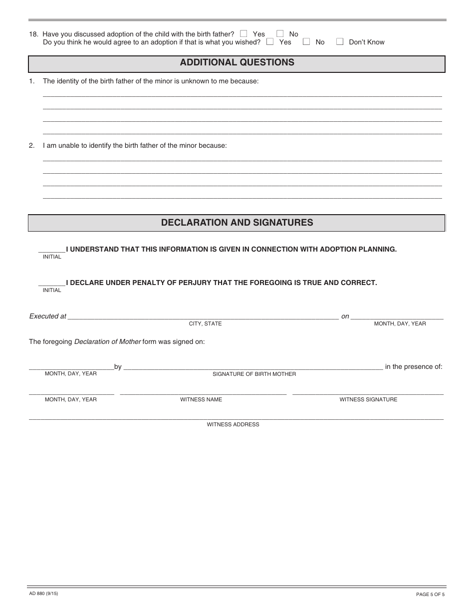 Form AD880 Declaration of Mother - California, Page 5