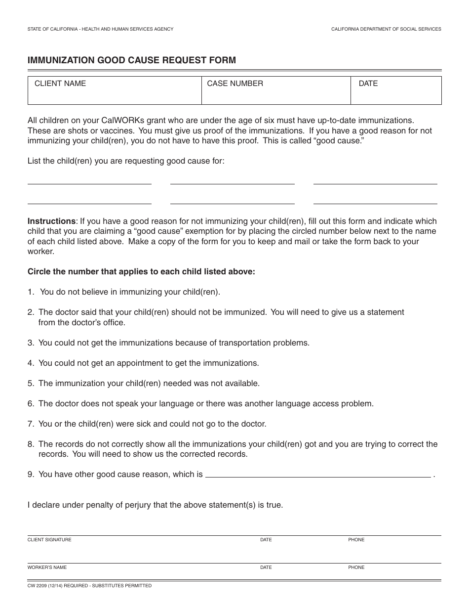 Form CW2209 Immunization Good Cause Request Form - California, Page 1