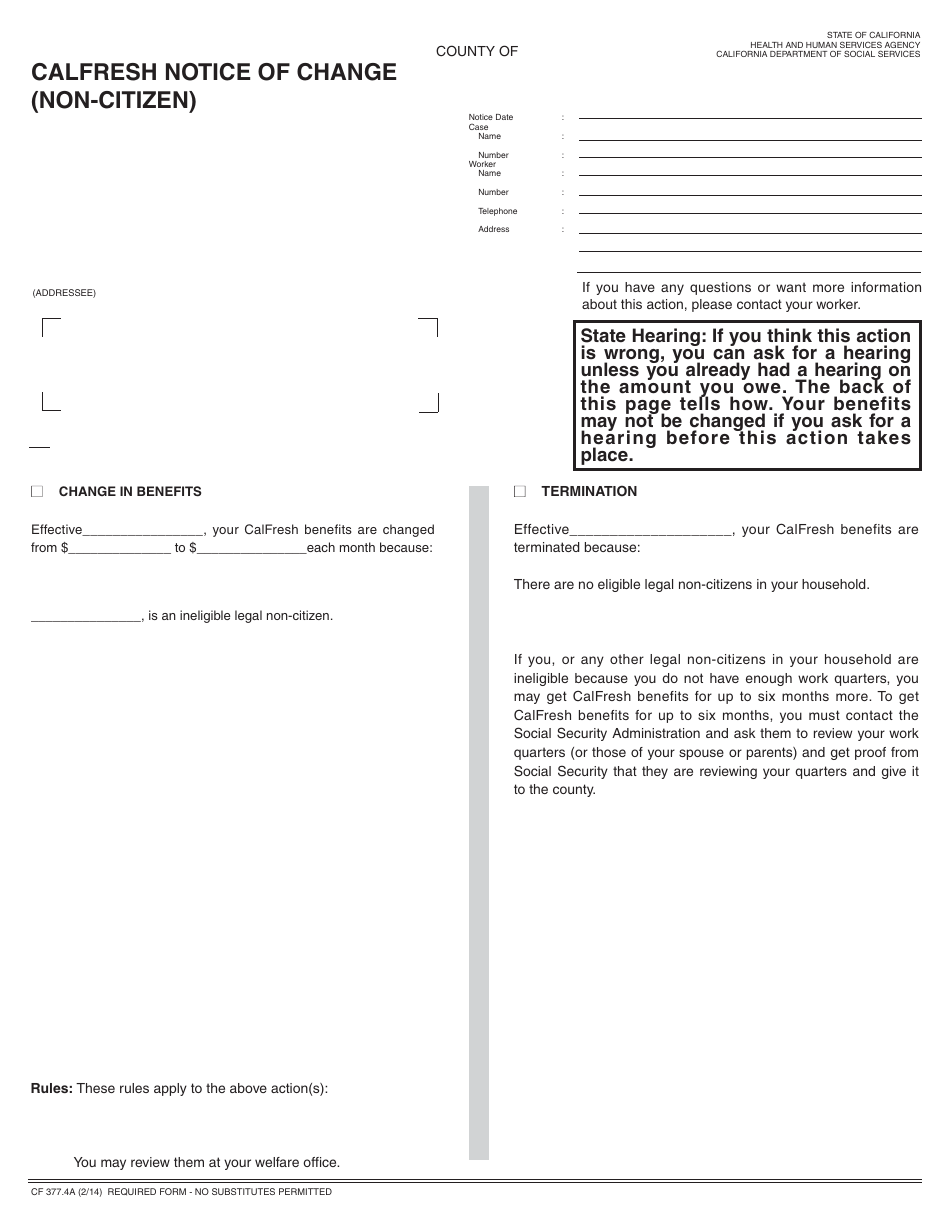 Form CF377.4A CalFresh Notice of Change (Non-citizen) - California, Page 1