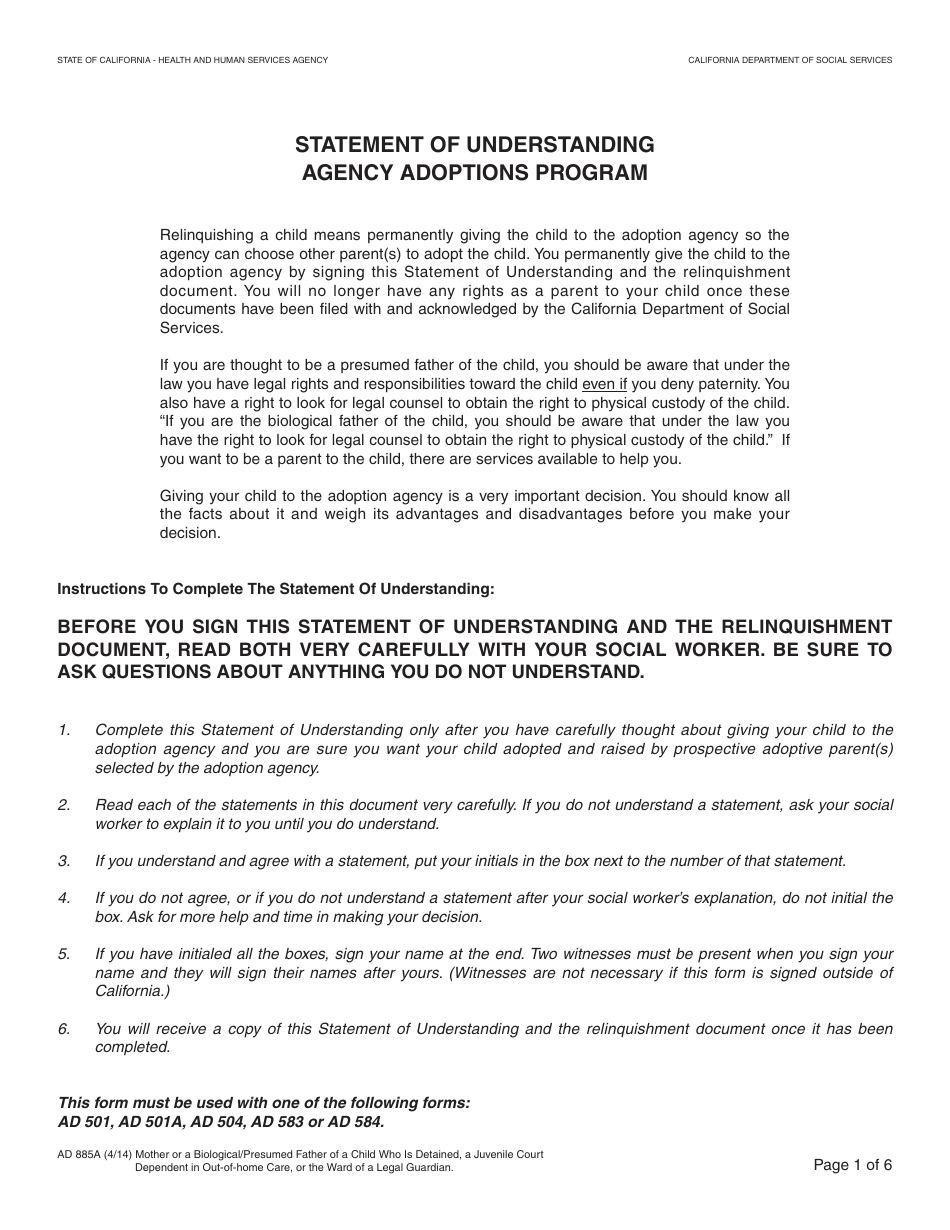 Form AD885A Statement of Understanding Agency Adoptions Program - Mother or a Biological / Presumed Father of a Child Who Is Detained, a Juvenile Court Dependent in out-Of-Home Care, or the Ward of a Legal Guardian - California, Page 1