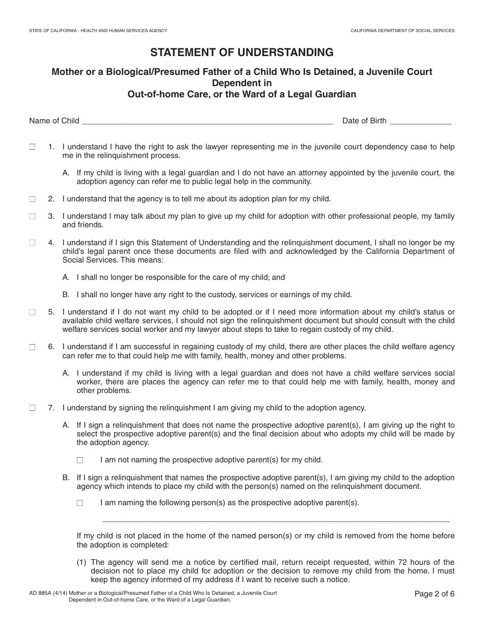Form AD885A Statement of Understanding Agency Adoptions Program - Mother or a Biological / Presumed Father of a Child Who Is Detained, a Juvenile Court Dependent in out-Of-Home Care, or the Ward of a Legal Guardian - California, Page 2