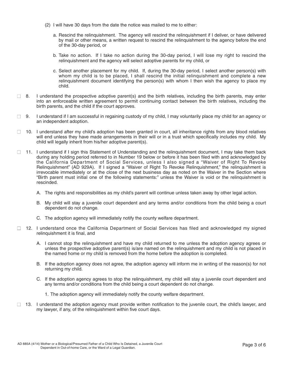 Form AD885A Statement of Understanding Agency Adoptions Program - Mother or a Biological / Presumed Father of a Child Who Is Detained, a Juvenile Court Dependent in out-Of-Home Care, or the Ward of a Legal Guardian - California, Page 3