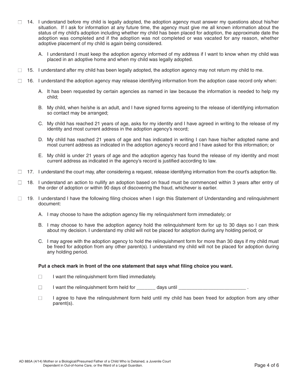 Form AD885A Statement of Understanding Agency Adoptions Program - Mother or a Biological / Presumed Father of a Child Who Is Detained, a Juvenile Court Dependent in out-Of-Home Care, or the Ward of a Legal Guardian - California, Page 4