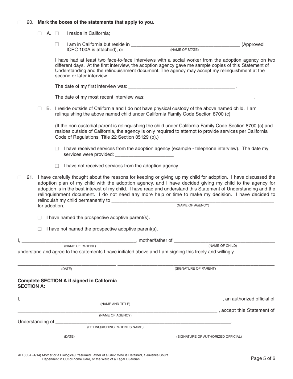 Form AD885A Statement of Understanding Agency Adoptions Program - Mother or a Biological / Presumed Father of a Child Who Is Detained, a Juvenile Court Dependent in out-Of-Home Care, or the Ward of a Legal Guardian - California, Page 5