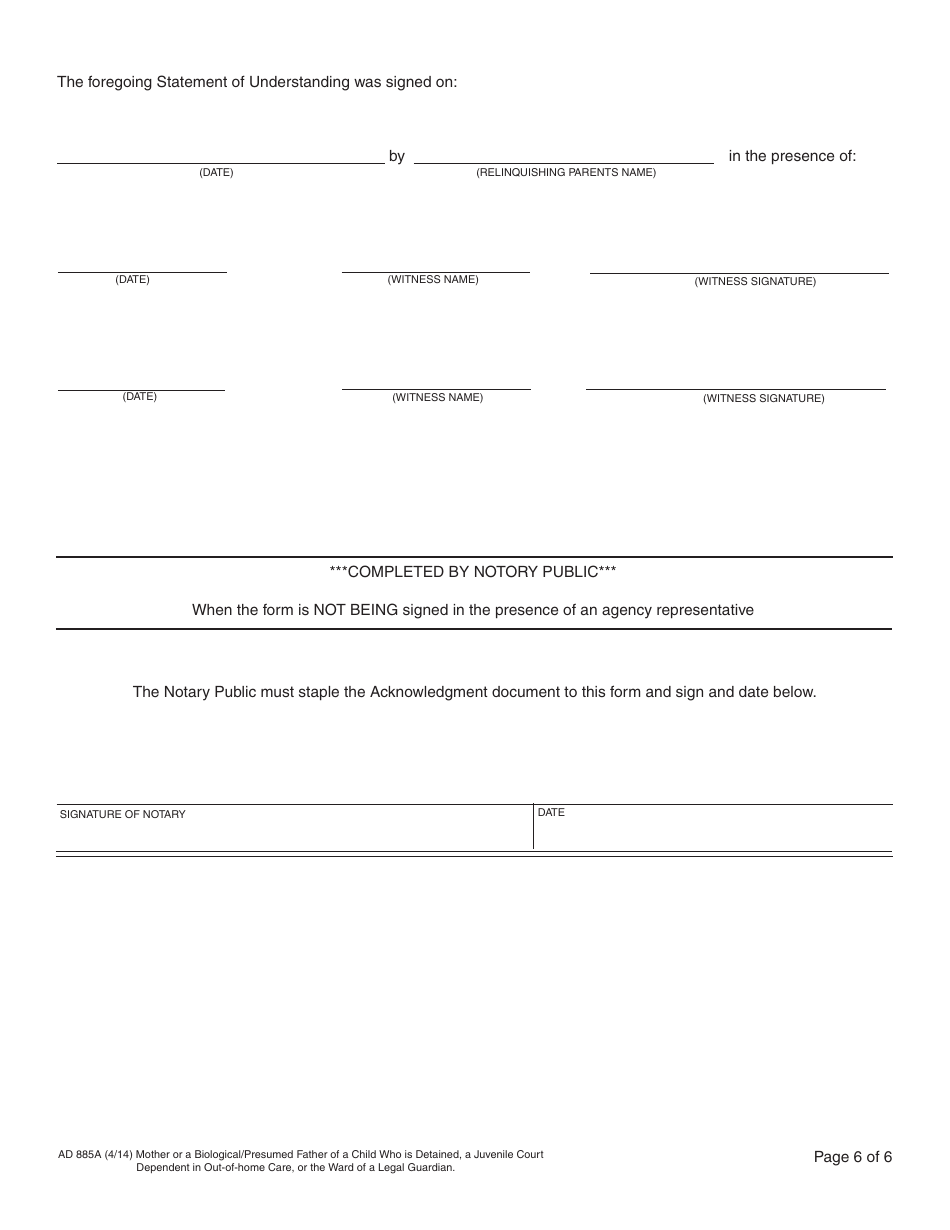 Form AD885A Statement of Understanding Agency Adoptions Program - Mother or a Biological / Presumed Father of a Child Who Is Detained, a Juvenile Court Dependent in out-Of-Home Care, or the Ward of a Legal Guardian - California, Page 6