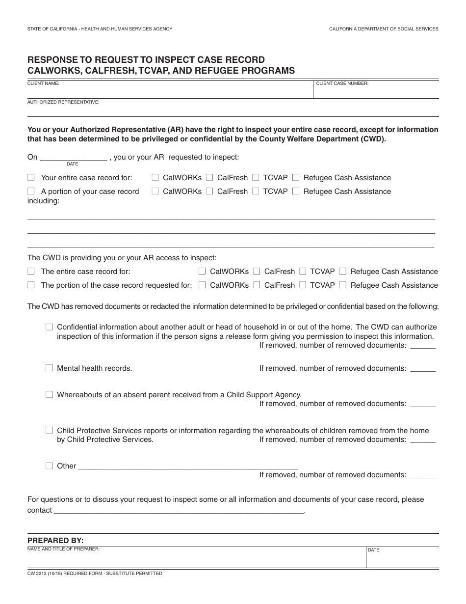 Form CW2213 Response to Request to Inspect Case Record Calworks, CalFresh, Tcvap, and Refugee Programs - California, Page 1
