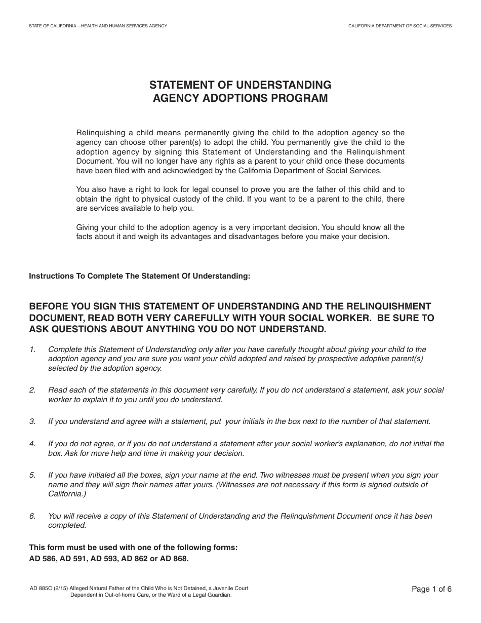 Form AD885C Statement of Understanding Agency Adoptions Program - Alleged Natural Father of a Child Who Is Not Detained, a Juvenile Court Dependent in out-Of-Home Care, or the Ward of a Legal Guardian - California, Page 1