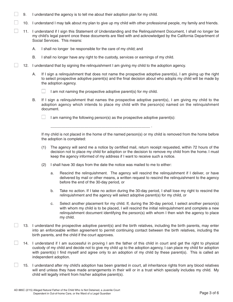 Form AD885C Statement of Understanding Agency Adoptions Program - Alleged Natural Father of a Child Who Is Not Detained, a Juvenile Court Dependent in out-Of-Home Care, or the Ward of a Legal Guardian - California, Page 3
