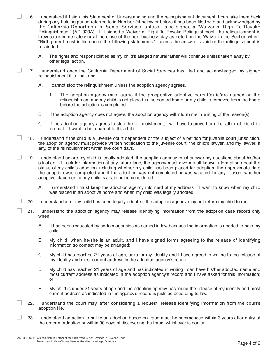 Form AD885C Statement of Understanding Agency Adoptions Program - Alleged Natural Father of a Child Who Is Not Detained, a Juvenile Court Dependent in out-Of-Home Care, or the Ward of a Legal Guardian - California, Page 4