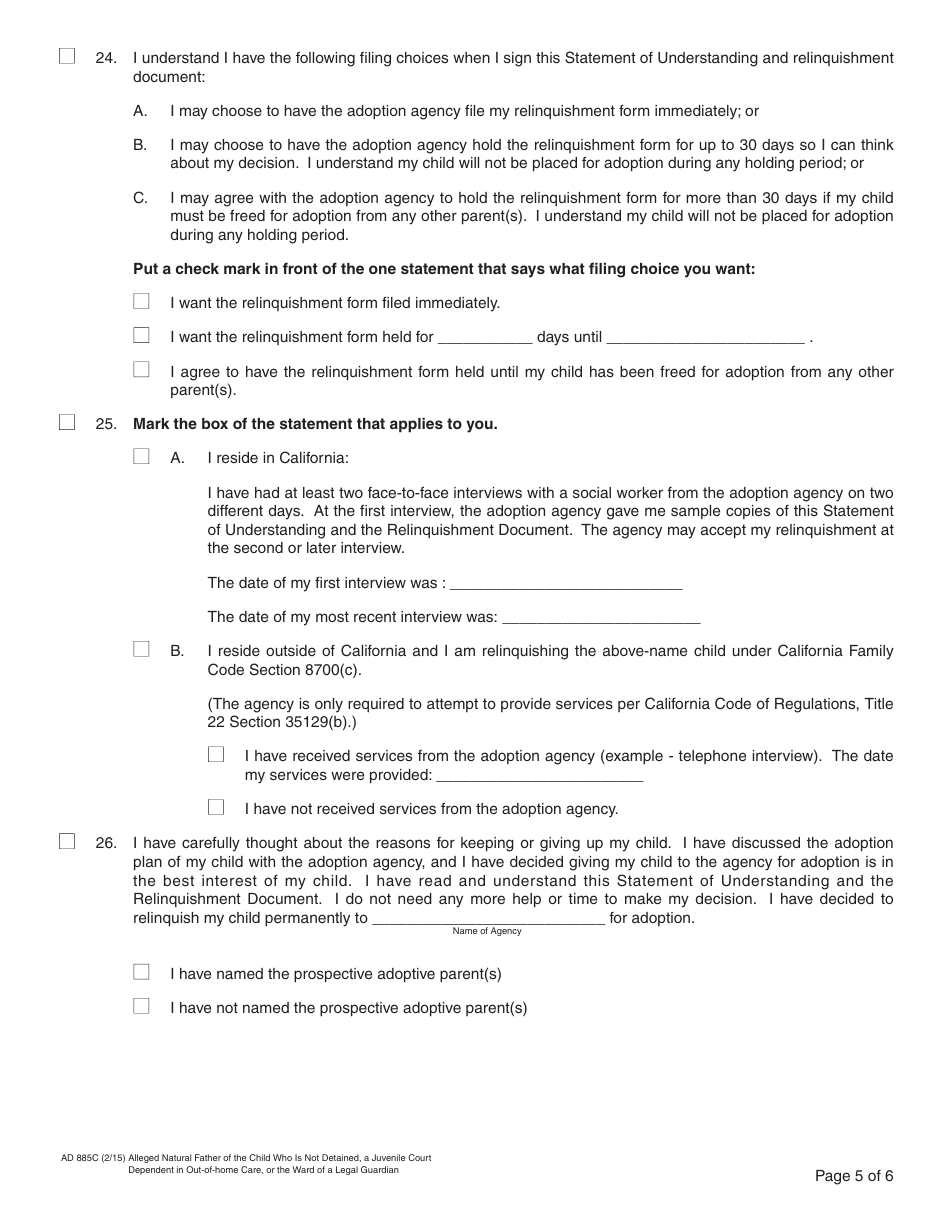 Form AD885C Statement of Understanding Agency Adoptions Program - Alleged Natural Father of a Child Who Is Not Detained, a Juvenile Court Dependent in out-Of-Home Care, or the Ward of a Legal Guardian - California, Page 5