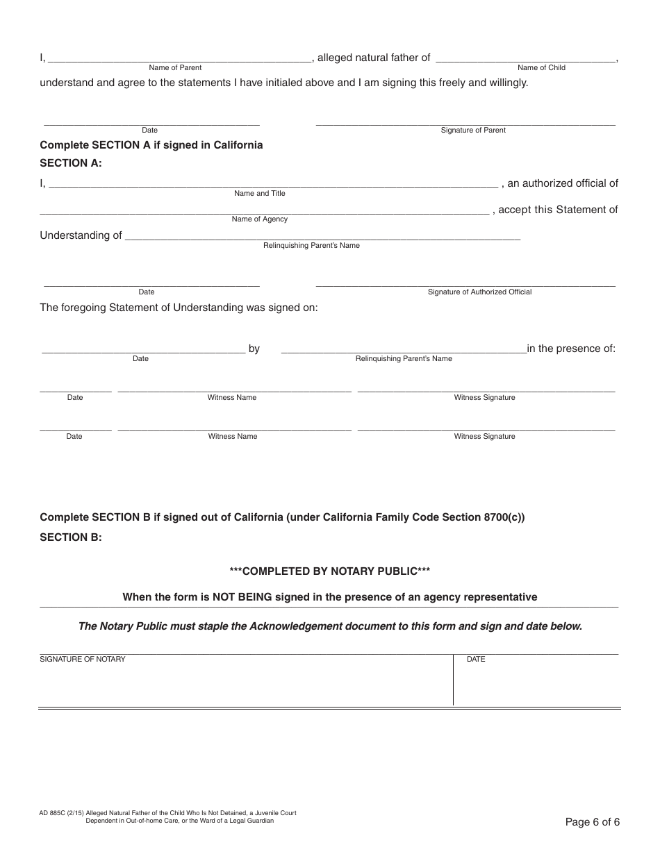 Form AD885C Statement of Understanding Agency Adoptions Program - Alleged Natural Father of a Child Who Is Not Detained, a Juvenile Court Dependent in out-Of-Home Care, or the Ward of a Legal Guardian - California, Page 6