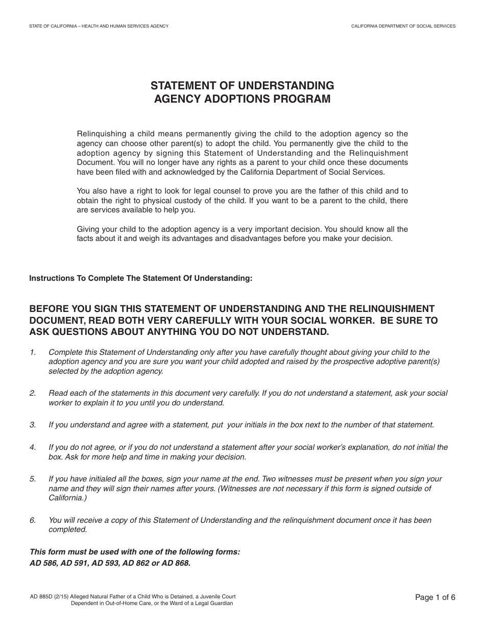 Form AD885D Statement of Understanding Agency Adoptions Program - Alleged Natural Father of a Child Who Is Detained, a Juvenile Court Dependent in out-Of-Home Care, or the Ward of a Legal Guardian - California, Page 1