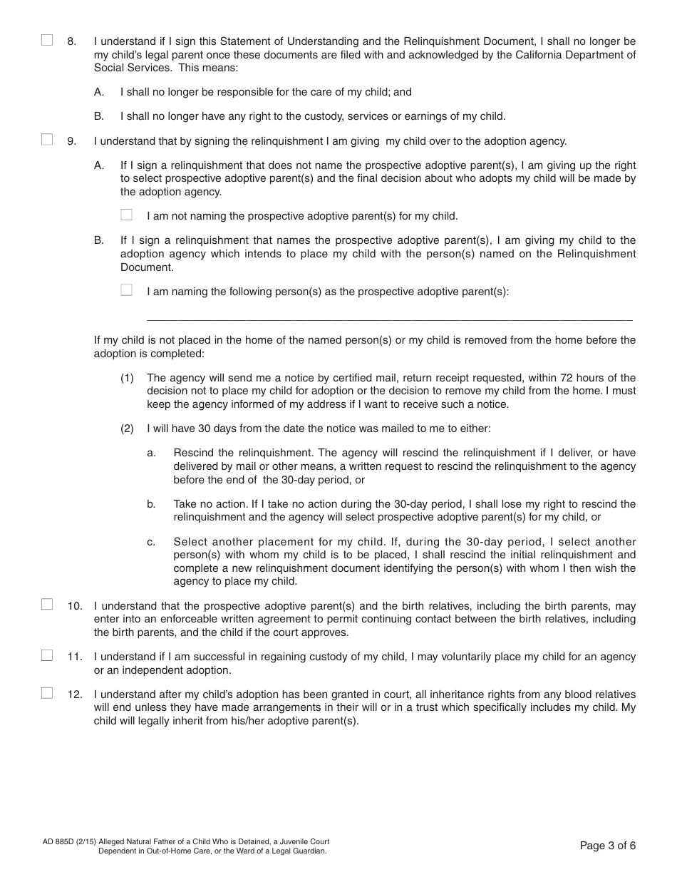 Form AD885D Statement of Understanding Agency Adoptions Program - Alleged Natural Father of a Child Who Is Detained, a Juvenile Court Dependent in out-Of-Home Care, or the Ward of a Legal Guardian - California, Page 3